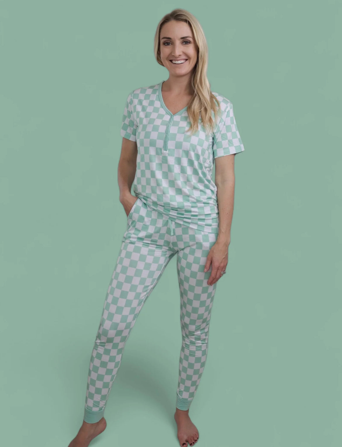 Mint Checkered Bamboo Joggers and Top Set from Dream Big Little Co.