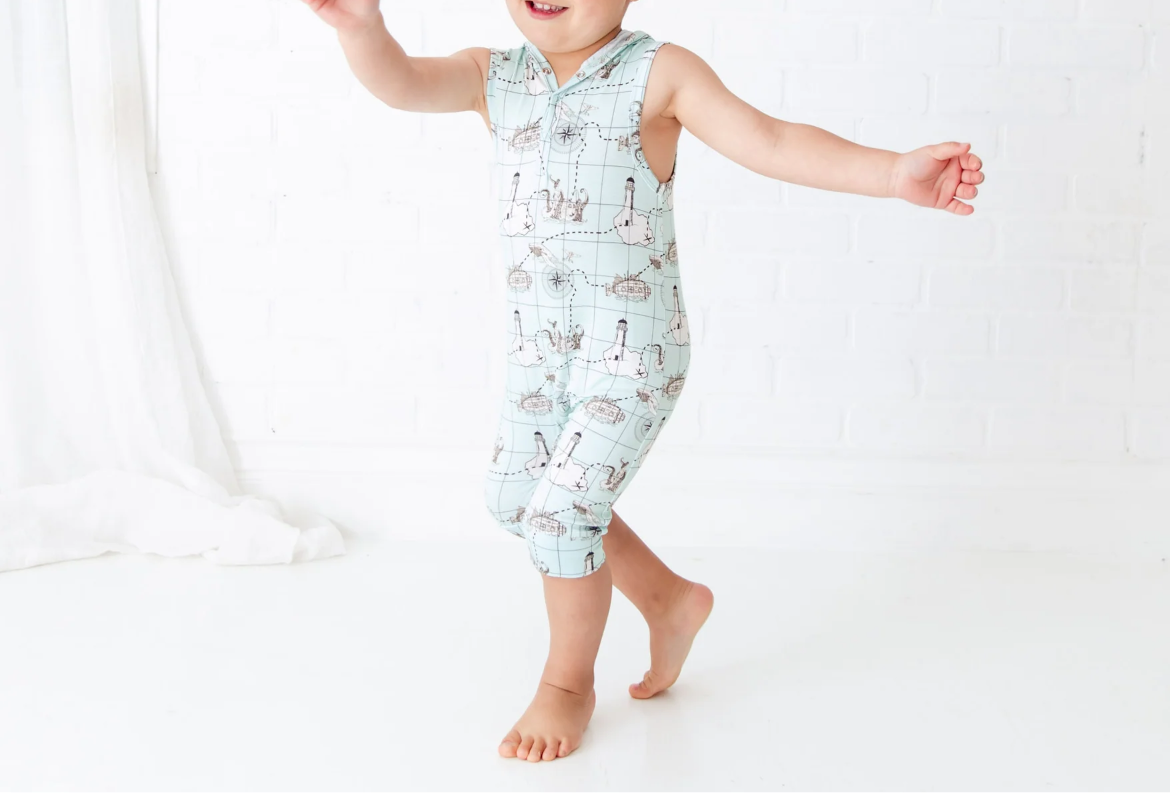 Treasure Nap Shortie Hooded Bamboo Romper from Dreamire