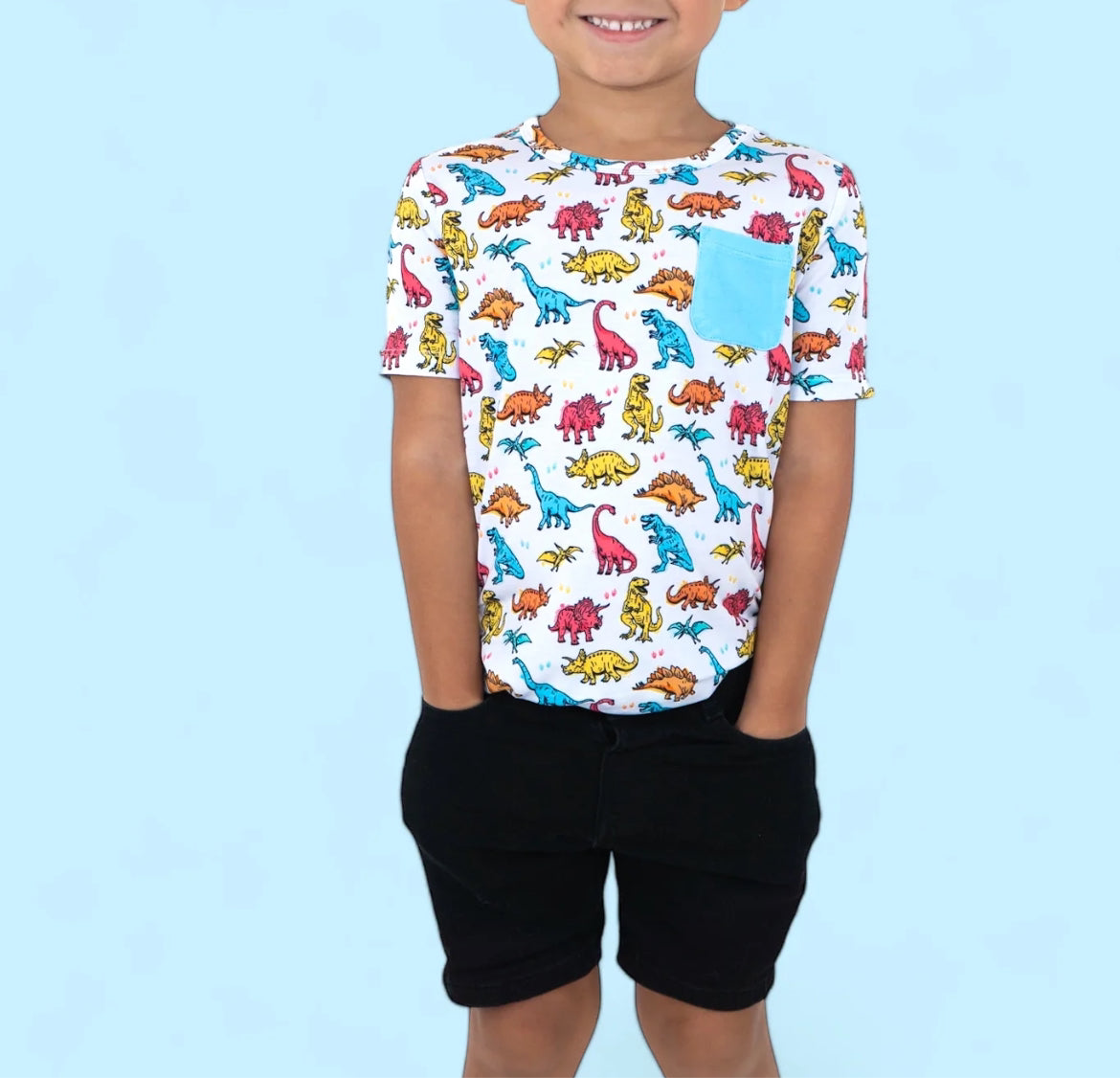 Colored Dino Bamboo Pocket Tee from Dream Big Little Co.