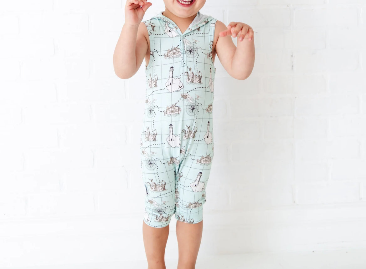 Treasure Nap Shortie Hooded Bamboo Romper from Dreamire
