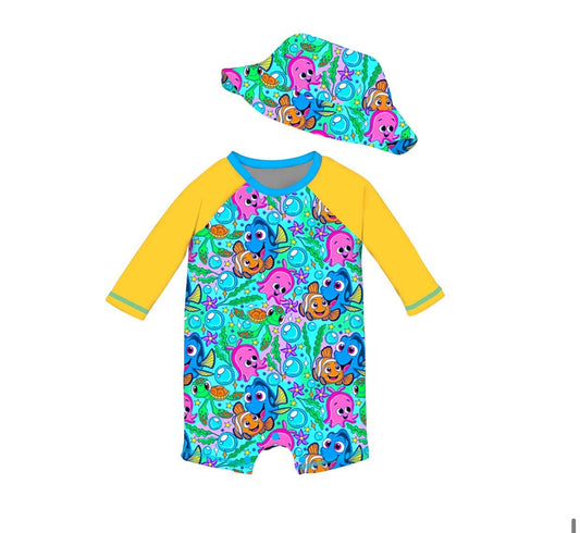 Happy Fish Friends Infant Swimsuit with Matching Hat