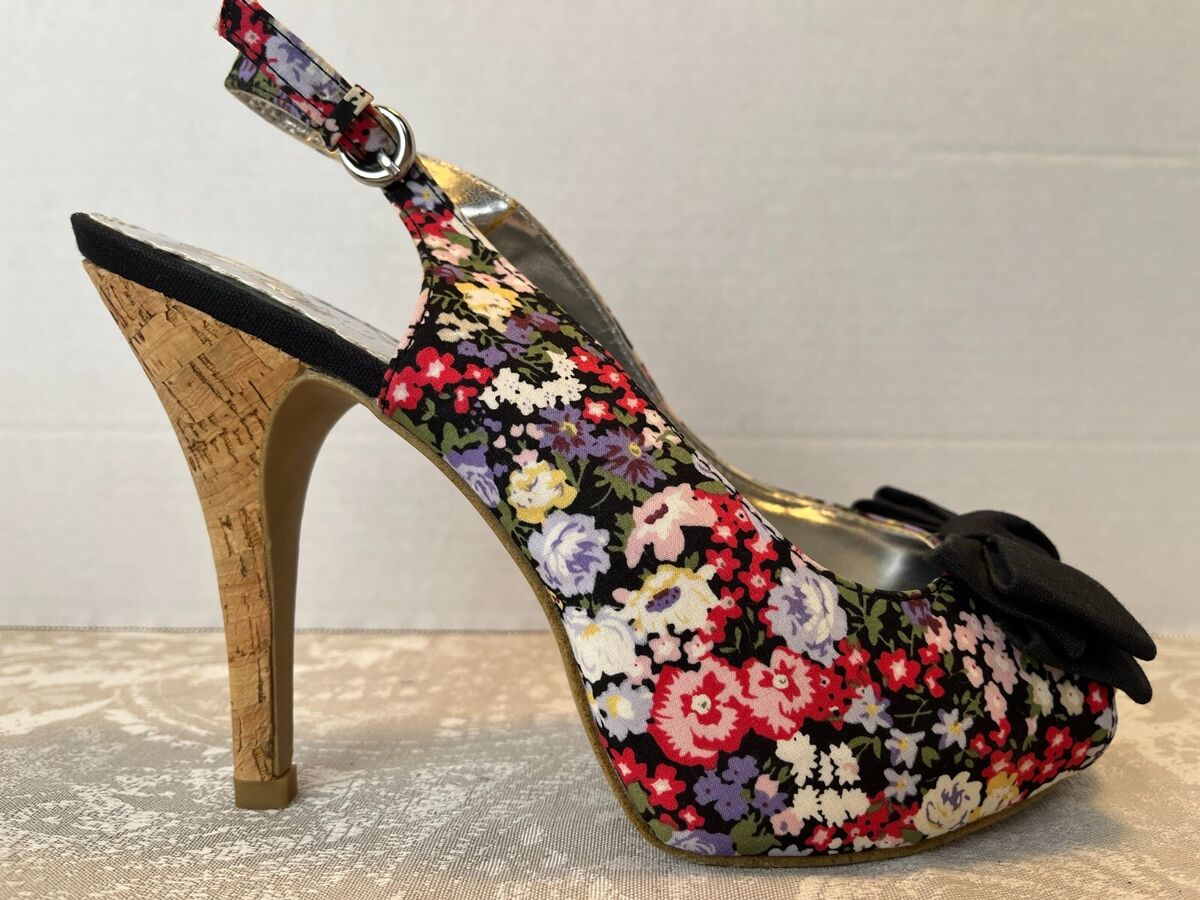 Rampage Girasole Floral Bow Peep Toe Ankle Strap Stiletto Size 7M Multicolor